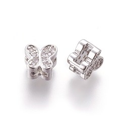 Platinum Brass Micro Pave Cubic Zirconia Slide Charms, Butterfly, Clear, Platinum, 7x8x5.5mm, Hole: 2x5mm