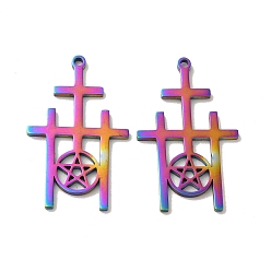 Rainbow Color Revestimiento iónico (ip) 304 colgante de acero inoxidable, Dije triple cruz con estrella, color del arco iris, 30x18.5x1.5 mm, agujero: 1.4 mm