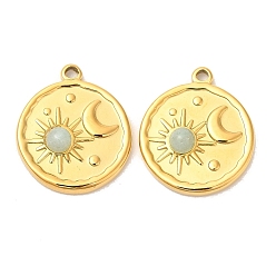 Amazonite Ion Plating(IP) 316 Stainless Steel Flat Round Pendants, Natural Amazonite Sun & Moon Charms, Real 24K Gold Plated, 21.5x18x4.5mm, Hole: 1.6mm