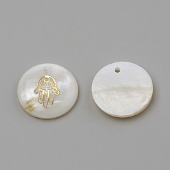 Golden Freshwater Shell Pendants, Flat Round & Hamsa Hand/Hand of Fatima/Hand of Miriam, Golden, 16x3.5~4mm, Hole: 1.2mm