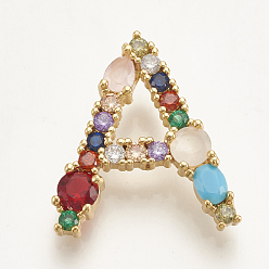 Letter A Brass Micro Pave Cubic Zirconia Pendants, Letter, Colorful, Golden, Letter.A, 20.5x18x6mm, Hole: 3x2mm