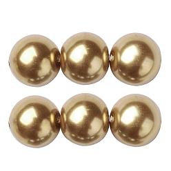 Goldenrod Eco-Friendly Glass Pearl Beads Strands, Grade A, Round, Dyed, Cotton Cord Threaded, Goldenrod, 14mm, Hole: 1.2~1.5mm, about 30pcs/strand, 15.7 inch
