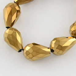 Golden Plated Electroplate Glass Bead Strands, Faceted, Drop, Golden Plated, 16x10mm, Hole: 1mm, about 50pcs/strand, 31.5 inch