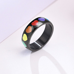 Electrophoresis Black Rainbow Color Pride Flag Enamel Heart Finger Ring, Stainless Steel Jewelry for Men Women, Electrophoresis Black, US Size 11(20.6mm)