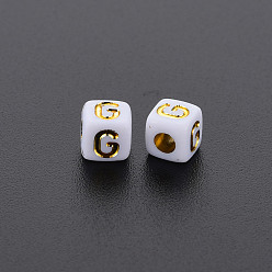 Letter G Opaque White Acrylic Beads, Metal Enlaced, Cube with Letters, Letter.G, 4.5mm, Hole: 2mm, about 5000pcs/500g