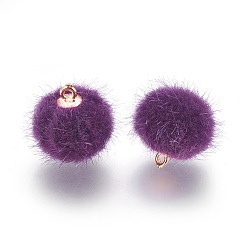 Purple Handmade Plush Cloth Fabric Covered, with CCB Plastic Findings, Round, Golden, Purple, 17x15mm, Hole: 1.5mm