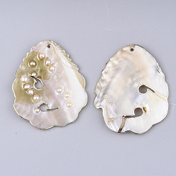 Light Gold Plaquer de grandes pendentifs keshi shell perle, feuille, or et de lumière, 64~65x51.5~53x3~5mm, Trou: 2mm