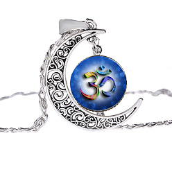 Bleu Royal Collier pendentif lune avec verre solaire, om aum ohm yoga thème alliage bijoux pour femmes, bleu royal, 17.72 pouce (45 cm)