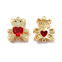 Red Rack Plating Brass Micro Pave Clear Cubic Zirconia Connector Charms, Bear Links with Glass, Long-Lasting Plated, Cadmium Free & Lead Free, Real 18K Gold Plated, Red, 20x16x7mm, Hole: 1.2mm