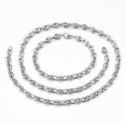 Stainless Steel Color 304 Stainless Steel Jewelry Sets, Coffee Bean Chain Necklaces and Bracelets, with Lobster Claw Clasps, Oval, Stainless Steel Color, 23.6 inch(60cm)