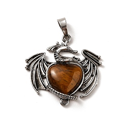 Tiger Eye Natural Tiger Eye Heart Pendants, Dragon Charms, with Rack Plating Antique Silver Plated Brass Findings, Lead Free & Cadmium Free, 33x33.5~34x7~7.5mm, Hole: 8x5mm