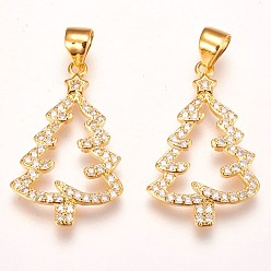 Golden Brass Micro Pave Cubic Zirconia Pendants, Christmas Tree, Clear, Golden, 23x15x2mm, Hole: 3.5x5mm