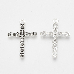 Antique Silver Tibetan Style Alloy Pendants, Cross with Skull, Antique Silver, 38x26x3.5mm, Hole: 2mm