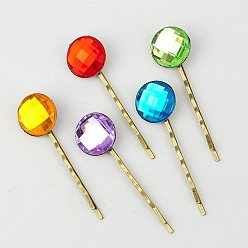 Mixed Color Iron Hair Bobby Pins, with Acrylic Rhinestone Cabochons, Mixed Color, 63mm