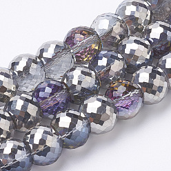 Silver Electroplated Glass Beads Strands, Rainbow Plated, Faceted, Rondelle, Silver, 8x6mm, Hole: 1.2mm, about 80pcs/strand, 19.69 inch