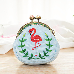 Flamingo Shape DIY Kiss Lock Coin Purse Embroidery Kit, Including Embroidered Fabric, Embroidery Needles & Thread, Metal Purse Handle, Flamingo Pattern, 100x35x85mm