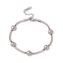 Stainless Steel Color 304 Stainless Steel Half Round Beaded Herringbone Chain Bracelet for Women, Stainless Steel Color, 7-1/4 inch(18.5cm)