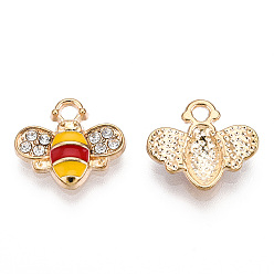 Dark Red Golden Plated Alloy Enamel Charms, with Rhinestone, Bee Charm, Dark Red, 12.5x14.5x2.5mm, Hole: 1.8mm