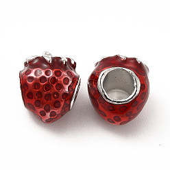 Rouge Crémaillère émail alliage placage perles européennes, Perles avec un grand trou   , fraise, rouge, 9.5x10.5x9mm, Trou: 4mm