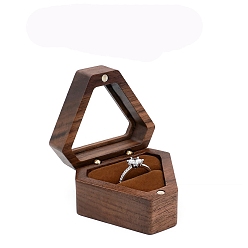 Tierra de siena Caja de presentación de anillos de madera triangular, Estuche magnético para anillos de almacenamiento portátil para joyas con ventana visible y terciopelo en el interior, tierra de siena, 5.7x4.9x3.7 cm