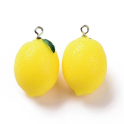 Yellow Opaque Resin Fruit Pendants, Lemon Charms, with Platinum Tone Iron Loops, Yellow, 31x19.5x19mm, Hole: 2mm