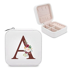 White Square A Print PU Leather Jewelry Set Storage Zipper Box, for Necklace Ring Earring Storage, White, 10x10x5cm
