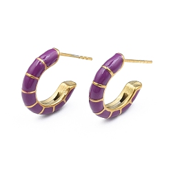 Púrpura Aretes en forma de C con esmalte, Pendientes de medio aro de acero inoxidable 304 chapados en oro para mujer, con las tuercas de oreja, púrpura, 18x16x3.5 mm, pin: 0.8 mm