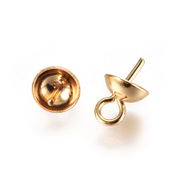 Golden 304 Stainless Steel Cup Pearl Peg Bails Pin Pendants, For Half Drilled Beads, Golden, 8x5mm, Hole: 1.8mm, Pin: 0.7mm