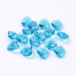 Deep Sky Blue Romantic Valentines Ideas Glass Charms, Faceted Heart Charm, Deep Sky Blue, 14x14x8mm, Hole: 1mm