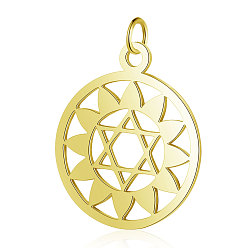 Oro 304 colgantes de acero inoxidable, chakra, anahata, para judío, plano redondo con flor y estrella de david, dorado, 22.5x19x1 mm, agujero: 3 mm