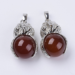 Carnelian Natural Carnelian Pendants, with Platinum Tone Brass Findings, Owl with Round Ball, 31x18.5x16mm, Hole: 5x8mm