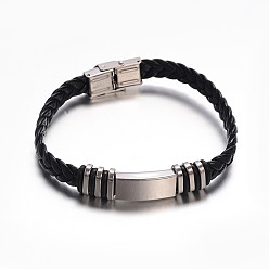 Stainless Steel Color Jewelry Black Color PU Leather Cord Bracelets, with 304 Stainless Steel Findings and Watch Band Clasp, Rectangle, Stainless Steel Color, 220x10mm