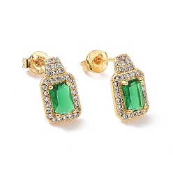 Verde Aretes rectangulares con circonitas cúbicas, joyas de latón chapado en oro real 18k para mujer, sin cadmio y níque y plomo, verde, 16x7x4 mm, pin: 0.6 mm