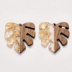 Gold Transparent Resin & Walnut Wood Pendants, Tropical Leaf Charms, with Gold Foil, Waxed, Monstera Leaf, Gold, 30x28x3.5mm, Hole: 2mm