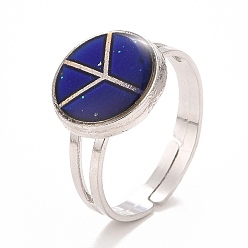 Bleu Humeur anneau, plat rond avec anneau réglable époxy signe de paix, changement de température couleur émotion sentiment alliage bijoux pour femmes, platine, bleu, diamètre intérieur: 17.5~21 mm