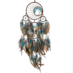 Colorful Woven Net/Web with Feather Art Wall Hanging Pendant Decorations, with Wood Beads, Synthetic Turquoise, Colorful, 800x150mm