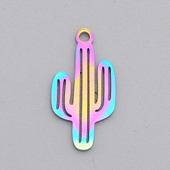 Rainbow Color Ion Plating(IP) 201 Stainless Steel Pendants, Laser Cut, Cactus, Rainbow Color, 19x10x1mm, Hole: 1.5mm