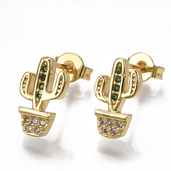 Golden Brass Micro Pave Cubic Zirconia Ear Studs, with Ear Nuts, Cactus, Golden, 12x7mm, Pin: 0.7mm
