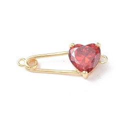 Dark Red Brass Connector Charms, Heart Safety Pin Links, with Glass, Real 18K Gold Plated, Dark Red, 11x28x5mm, Hole: 1mm