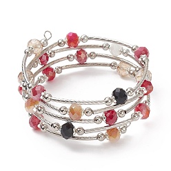 Dark Red Glass Beads Five Loops Wrap Bracelets, Brass Bead Bracelet for Women, Dark Red, Inner Diameter: 2 inch(5cm)