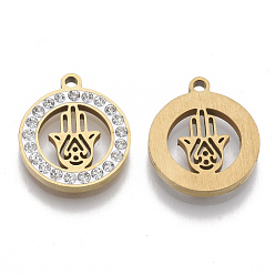 Golden 201 Stainless Steel Pendants, with Polymer Clay Crystal Rhinestone, for Religion, Flat Round with Hamsa Hand/Hand of Fatima/Hand of Miriam, Golden, 17x15x2mm, Hole: 1.6mm