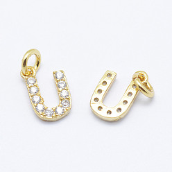 Real 18K Gold Plated Brass Micro Pave Grade AAA Cubic Zirconia Charms, Letter U, Cadmium Free & Nickel Free & Lead Free, Real 18K Gold Plated, 9x6x1.5mm, Hole: 2mm