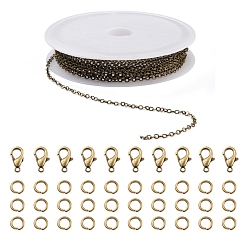 Bronce Antiguo Kit de fabricación de joyas de cadena de cable de latón diy 3m, con anillos abiertos de hierro 30pcs con cierres de pinza de langosta de aleación de zinc 10pcs, Bronce antiguo, eslabón de la cadena: 2x1.8x0.2 mm