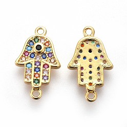 Real 18K Gold Plated Brass Pendants, with Micro Pave Cubic Zirconia, Long-Lasting Plated, Hamsa Hand/Hand of Fatima /Hand of Miriam, Colorful, Real 18K Gold Plated, 16x9.5x2mm, Hole: 1mm
