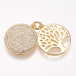 Golden Brass Micro Pave Cubic Zirconia Pendants, Flat Round with Tree of Life, Clear, Golden, 15x2mm, Hole: 3mm
