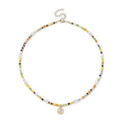 Colorful Brass Saint Benedict Pendant Necklace, Glass Seed & Acrylic Pearl Beaded Necklace for Women, Colorful, 17.36 inch(44.1cm)