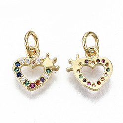 Real 16K Gold Plated Brass Micro Pave Colorful Cubic Zirconia Charms, with Jump Rings, Nickel Free, Heart with Crown, Real 16K Gold Plated, 9.5x9.5x1.5mm, Jump Ring: 5x0.8mm, 3.4mm inner diameter