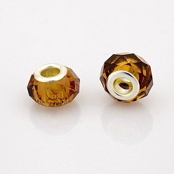 Brun Saddle Verre à facettes perles européennes, perles de rondelle avec grand trou , avec des noyaux de laiton de ton argent, selle marron, 14x9mm, Trou: 5mm