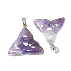 Amethyst Natural Amethyst Pendants, with Stainless Steel Snap On Bails, Trinity Knot/Triquetra, Irish, 23~40x33~38x5~7mm, Hole: 6x4mm