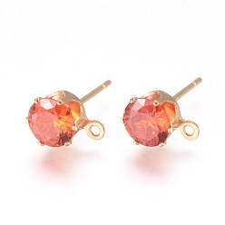 Orange Red Brass Stud Earring Findings, with 316 Surgical Stainless Steel Pin, Cubic Zirconia and Loop, Long-Lasting Plated, Flat Round, Real 14K Gold Plated, Orange Red, 8x6x5.5mm, Hole: 1mm, Pin: 0.7mm